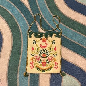 Vintage Greek Embroidered Cream and Green Women's Bag